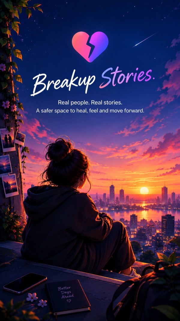 The Breakup Stories app: a person watching the sunset over a city, under the words Real people. Real stories.